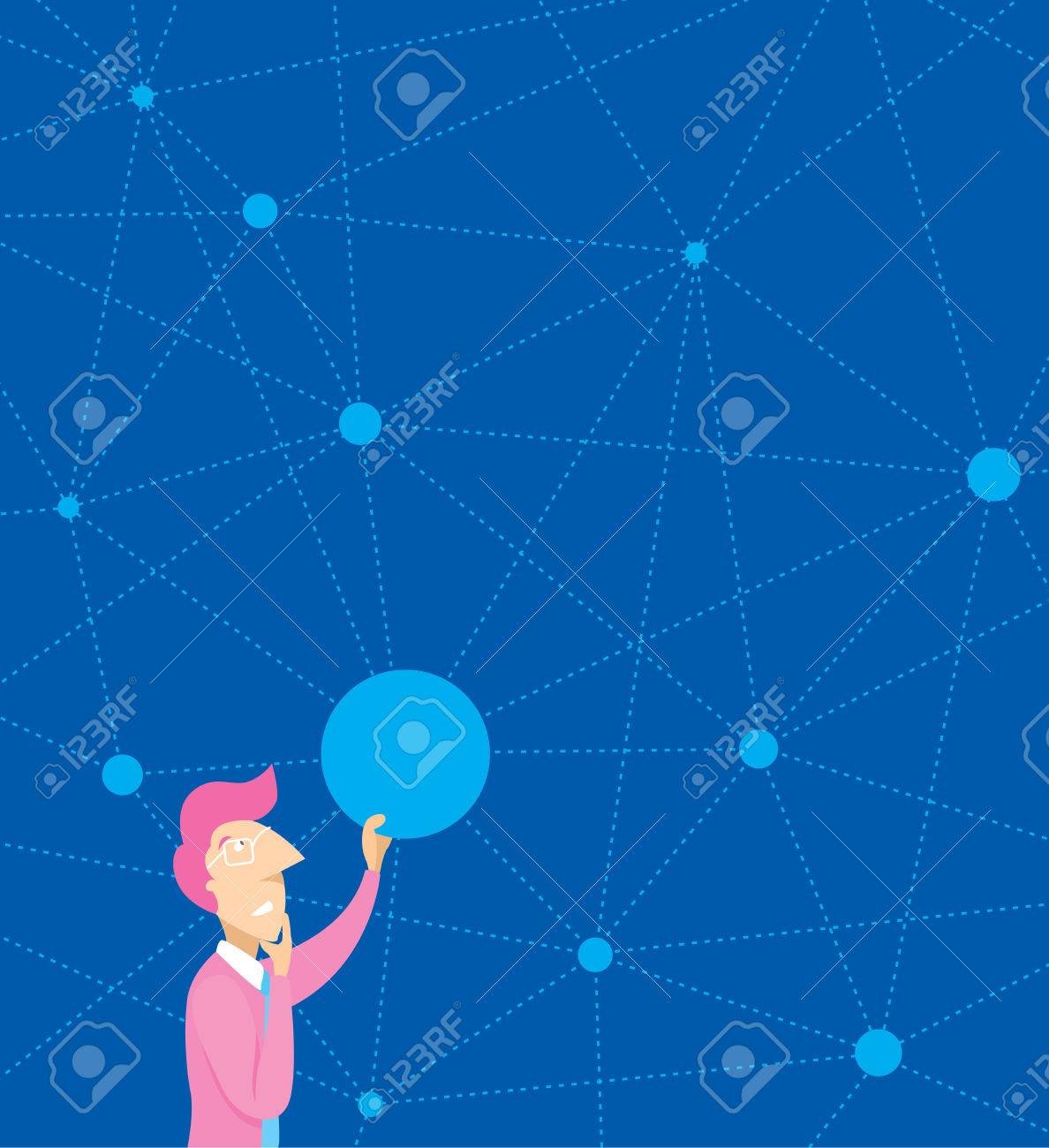 思考と複雑なネットワーク上のドットを接続する男の漫画イラスト