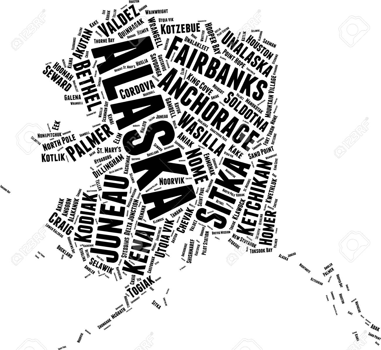 알래스카 단어 지도 단어 구름 타이포그래피 개념 로열티 무료 사진, 그림, 이미지 그리고 스톡포토그래피. Image 105279580