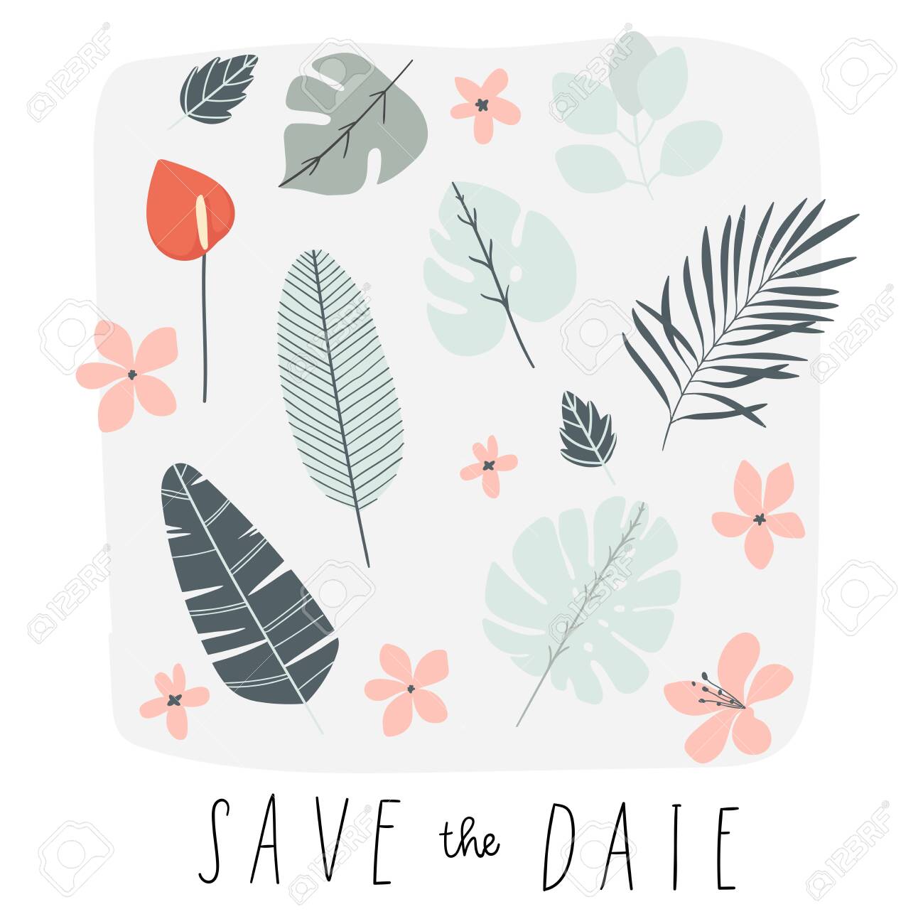 Vettoriale Summer Illustration With Palm Leaves And Tropical Flowers Summer Time Poster Wedding Invitation Design Image Vettoriale Summer Illustration With Palm Leaves And Tropical Flowers Summer Time Poster Wedding Invitation Design Image