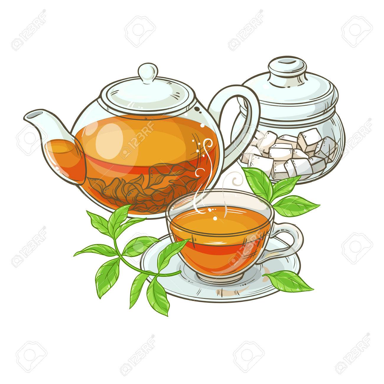 Ilustracion Con La Taza De Te Tetera Azucarero Y De Las Hojas De Te En El Fondo Blanco Ilustraciones Vectoriales Clip Art Vectorizado Libre De Derechos Image