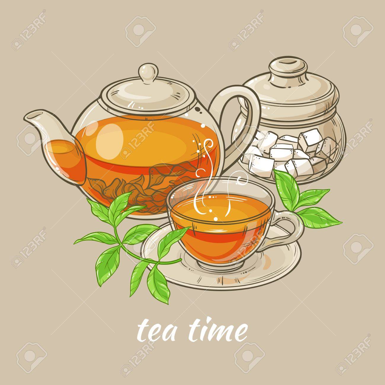 茶色の背景に葉の茶 ティーポット シュガー ボウル 紅茶のカップのイラスト のイラスト素材 ベクタ Image