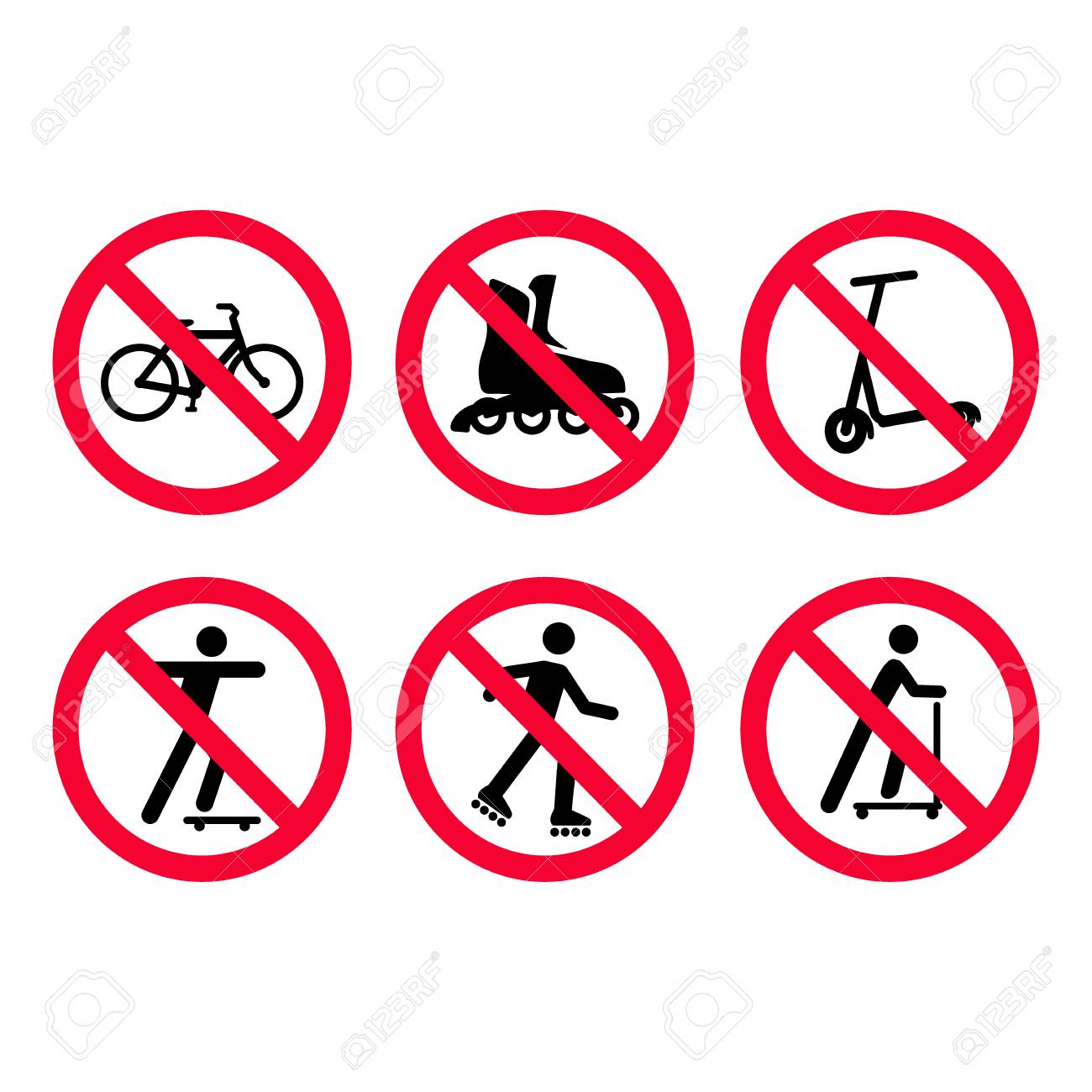 Red prohibition signs set. No bicycles, biking, no roller skating, no scooters. Vector illustration. - 98677474 Red prohibition signs set. No bicycles, biking, no roller skating, no scooters. Vector illustration. - 98677474
