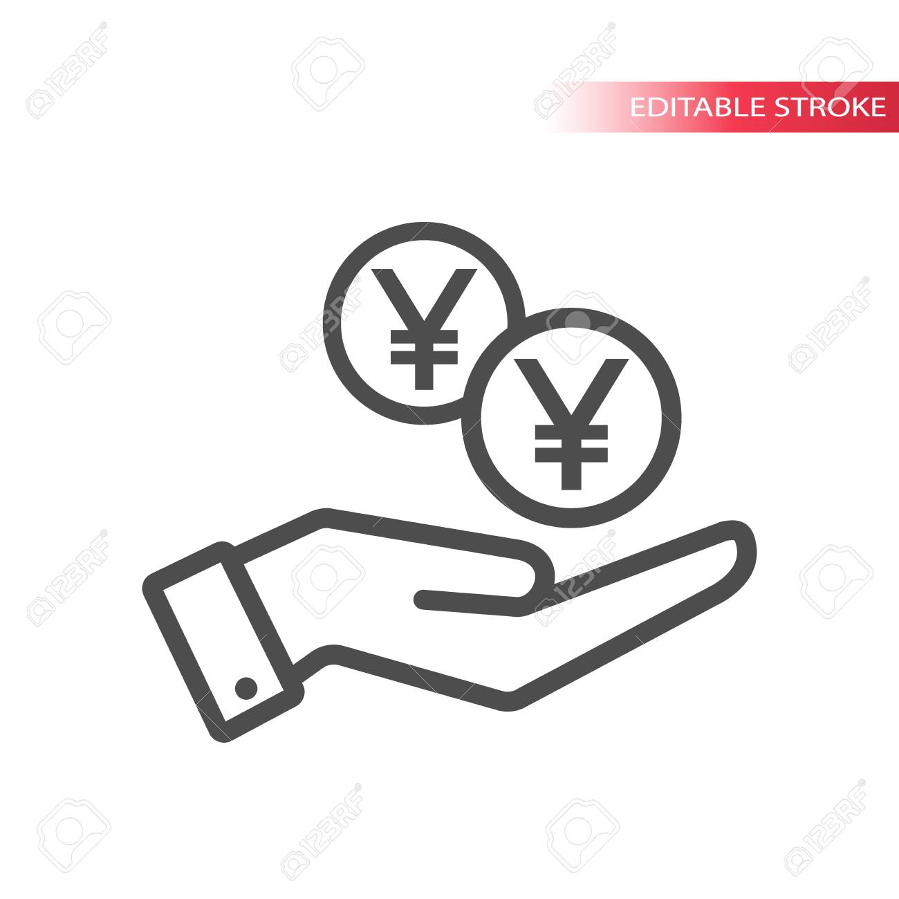 手に落ちる円硬貨の輪郭平らなアイコン。ウェブピクトグラフを落とす手とコイン。日本円硬貨と手のひら。のイラスト素材・ベクター Image 99517585