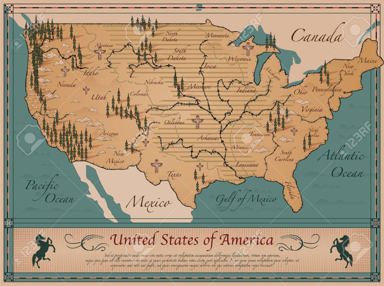 Mapa Antiguo De Los Estados Unidos De América Ilustraciones Vectoriales Clip Art Vectorizado Libre De Derechos Image 33475058
