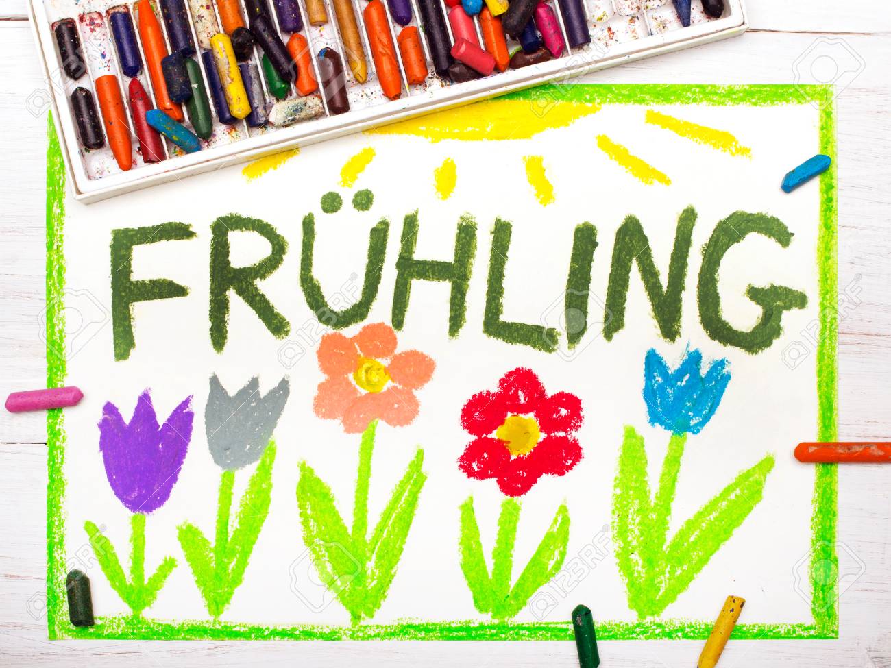 Dessin Coloré Mots Allemands Frühling Printemps Et De Belles Fleurs