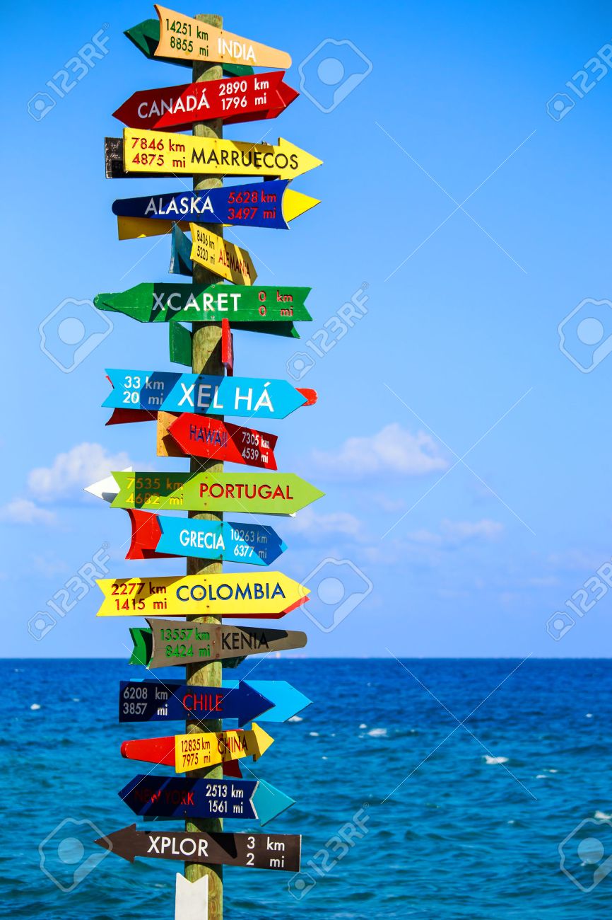 funny direction signpost with distance to many different countries