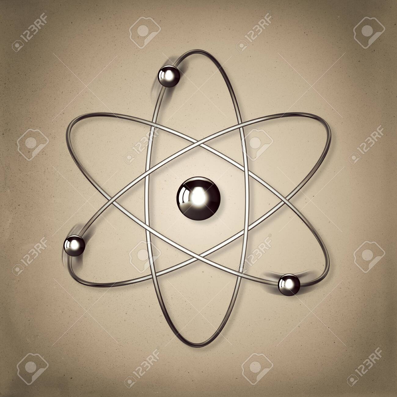 Metallic 3D Model Of Atom With Vintage Background, Symbol Of Nuclear Age,  Electrons Moving Around A Nucleus Stock Photo, Picture And Royalty Free  Image. Image 152581634.