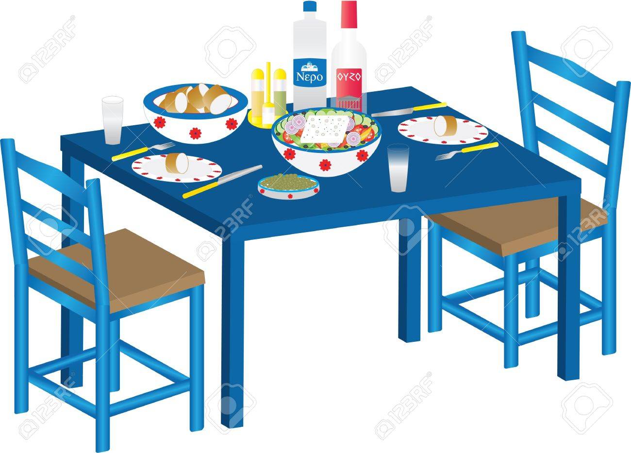 ギリシャ風サラダ オリーブ パン ウーゾ青いテーブルの上の食事のイラスト素材 ベクタ Image