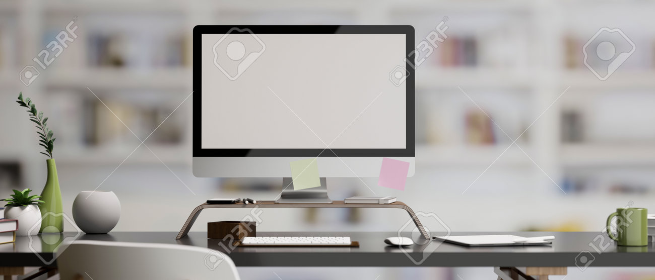 Bureau Moderne Avec Ordinateur Pc Moderne Sur Écran De Bureau ..., حجم الصورة 1300x557