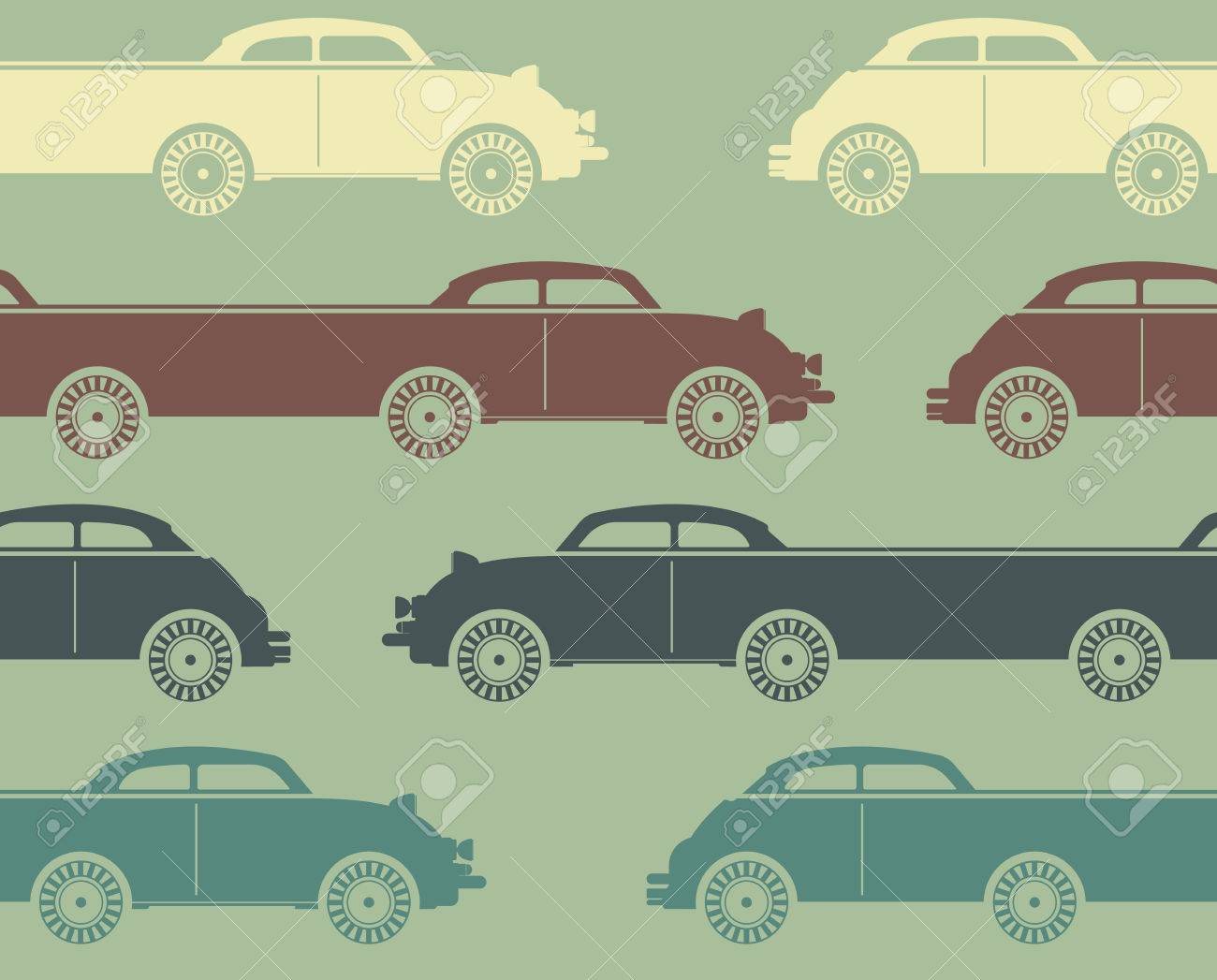 decorative pattern with colorful retro cars on light green paper cars template