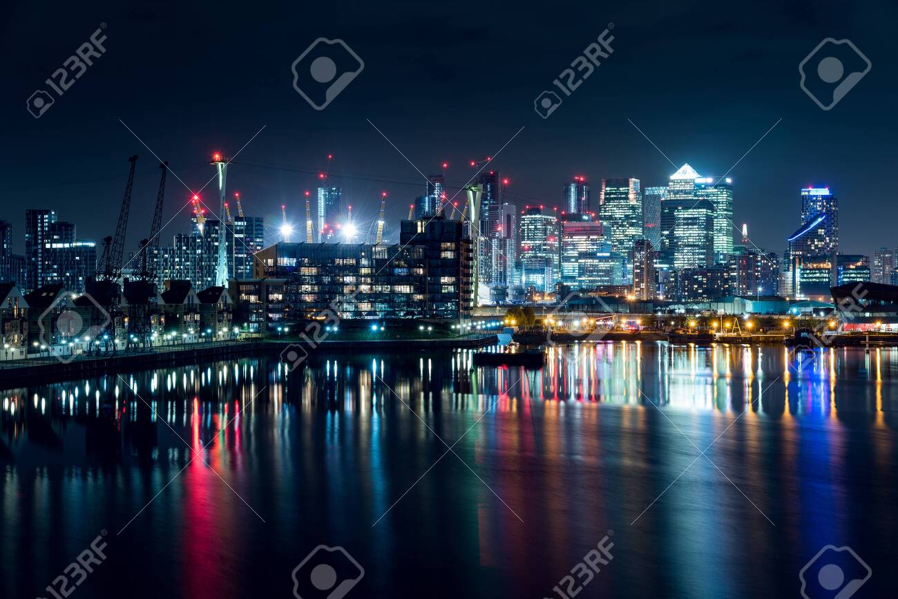 Night View of Part of the Canary Wharf District and Part of the Residential Buildings in the City of London, UK - 146335393 Night View of Part of the Canary Wharf District and Part of the Residential Buildings in the City of London, UK - 146335393