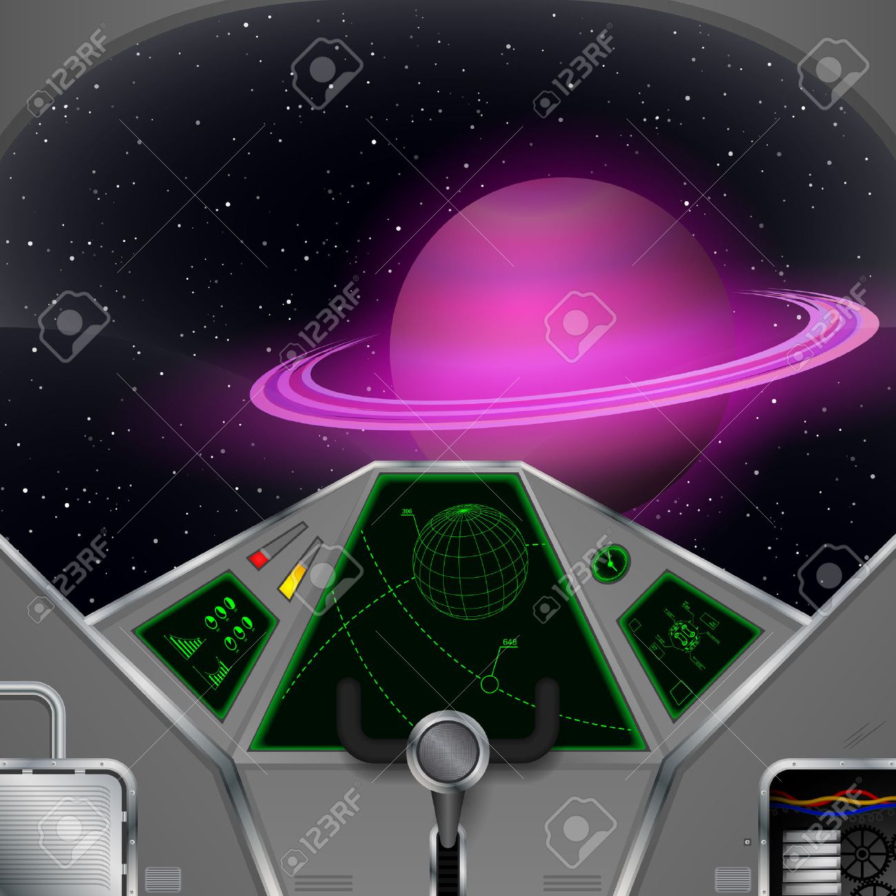 spaceship cabin vector spacecraft interior with the saturn view