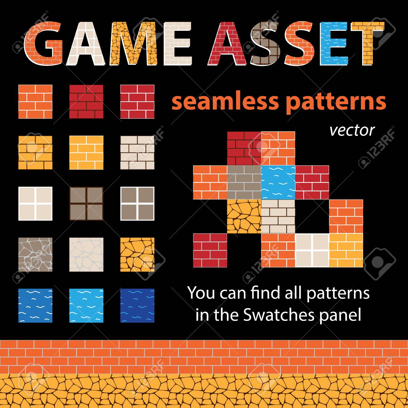 レンガとコンクリートの壁 水 岩や地面のシームレスなテクスチャ 背景やゲームデザインのためのベクトルパターンのイラスト素材 ベクタ Image