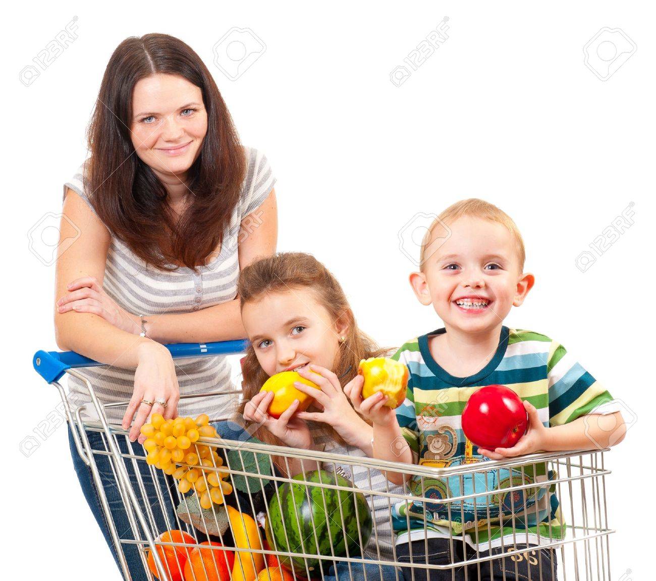 Mother carries her children in a shopping cart isolated over white - 11295688 Mother carries her children in a shopping cart isolated over white - 11295688