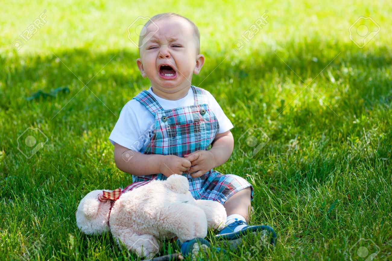 Crying toddler sitting on a grass - 14155592 Crying toddler sitting on a grass - 14155592
