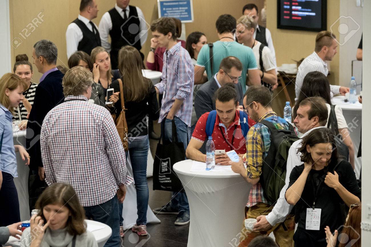 Moscow, Russia - September 2, 2016: People have coffee break during Digital Marketing Conference at Russia Today information agency hall - 63094164 Moscow, Russia - September 2, 2016: People have coffee break during Digital Marketing Conference at Russia Today information agency hall - 63094164