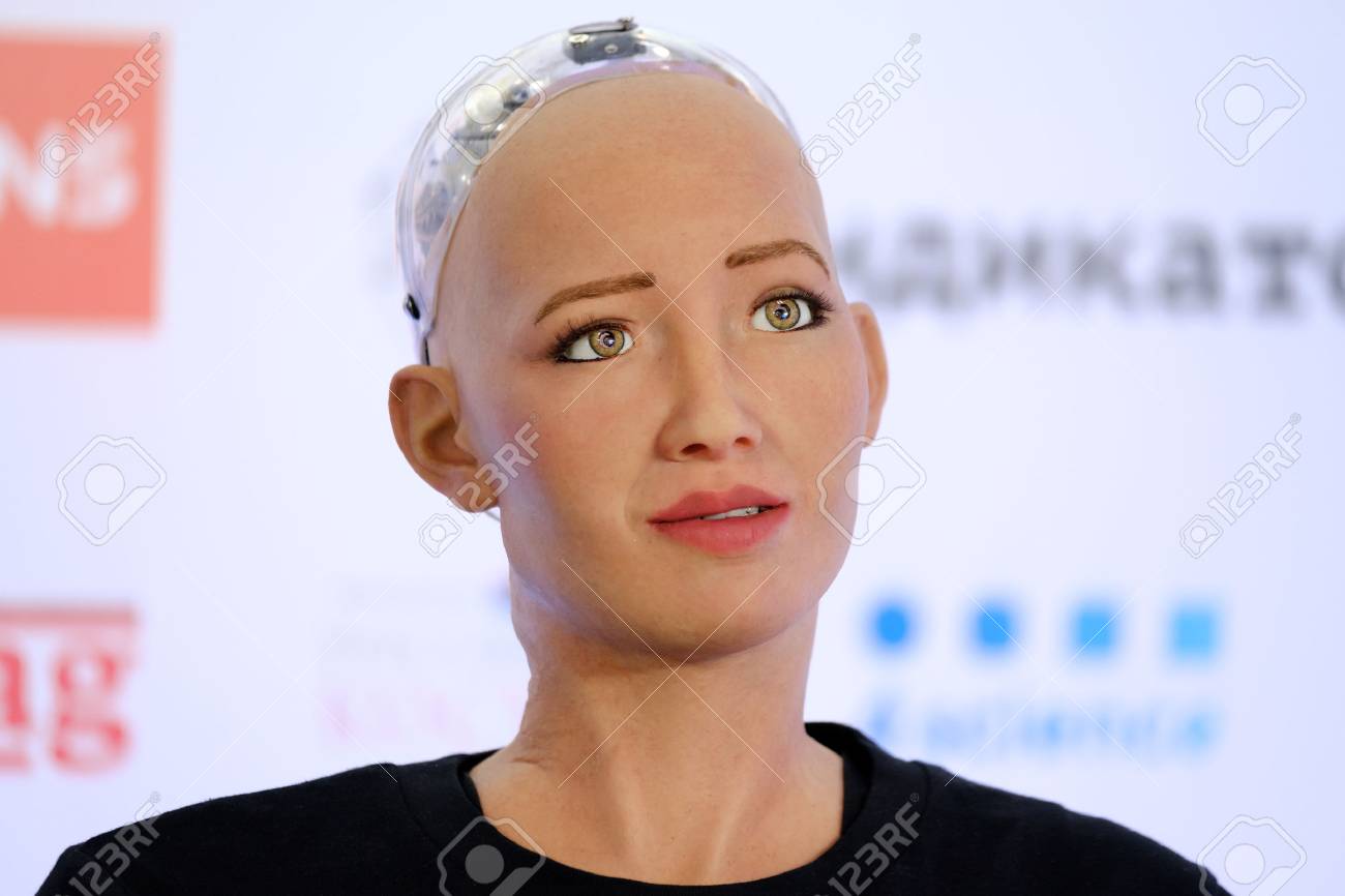 Moscow, Russia - October 1, 2017: Sophia humanoid robot speaking Russian at Open Innovations Conference at Skolokovo technopark - 88954108 Moscow, Russia - October 1, 2017: Sophia humanoid robot speaking Russian at Open Innovations Conference at Skolokovo technopark - 88954108