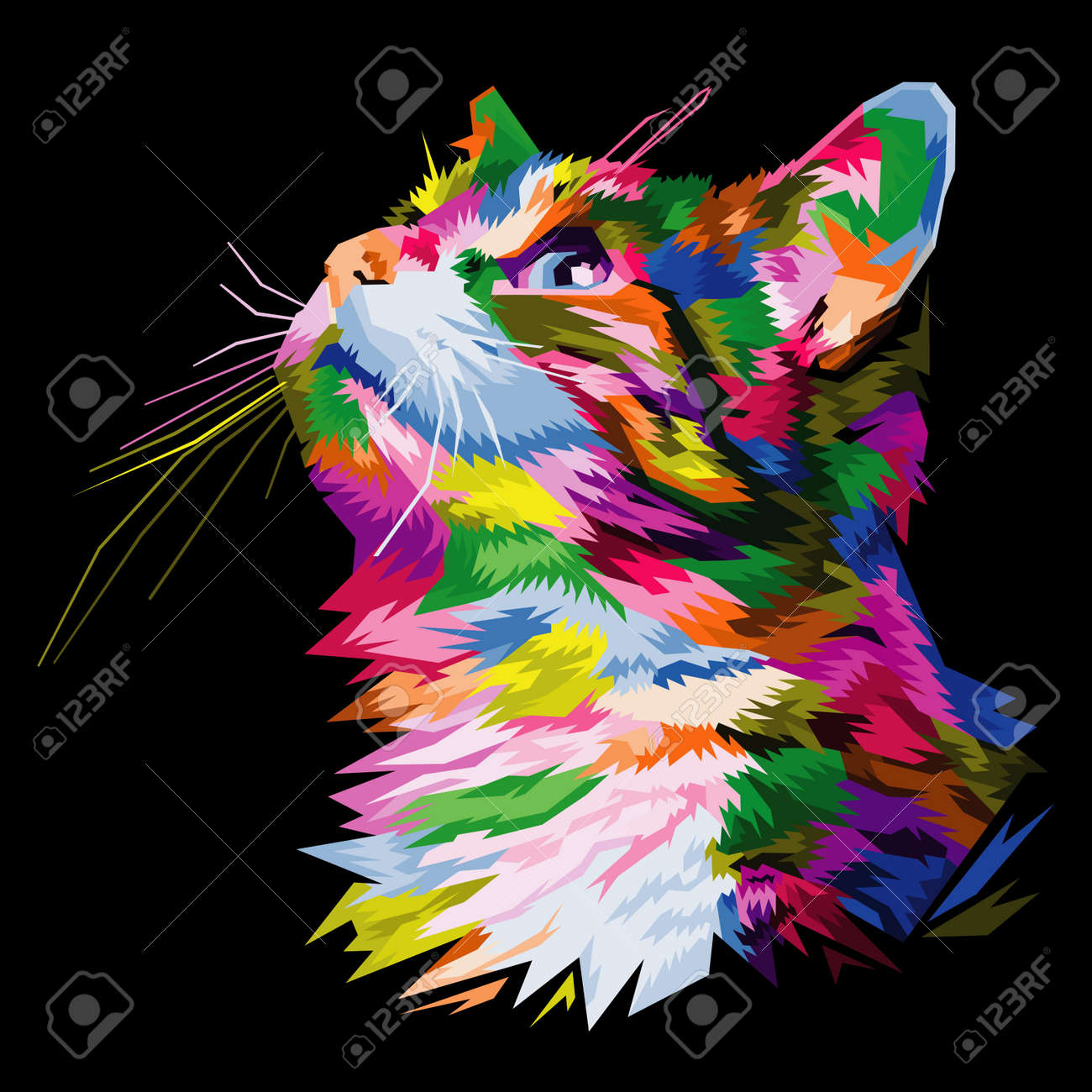 黒い背景にポップアートスタイルのカラフルなおかしな猫のイラスト素材