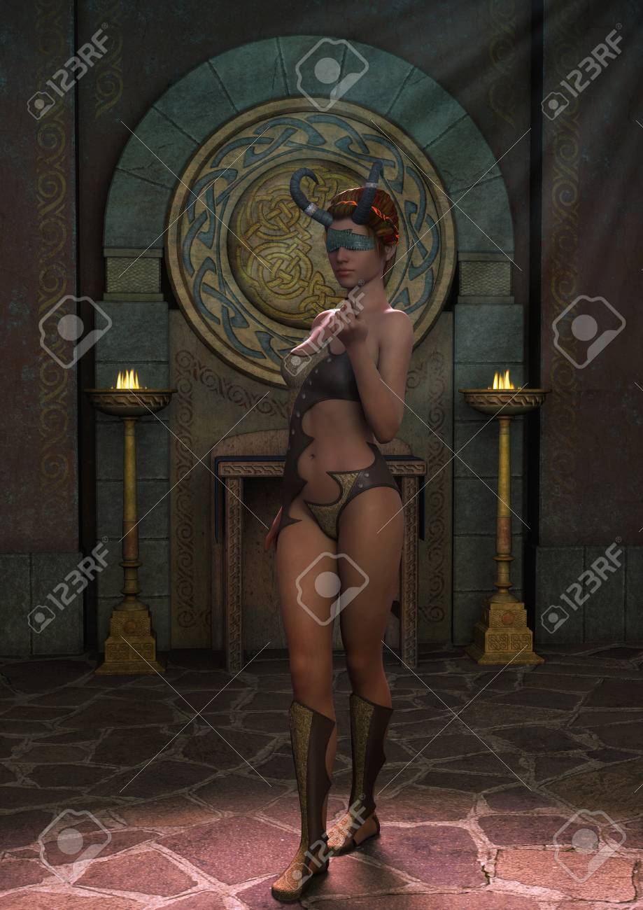 Fantasy Priestess Blindfold With Horns With A Sexy Pose 3d Illustration Stock Photo Picture And Royalty Free Image Image 114302773