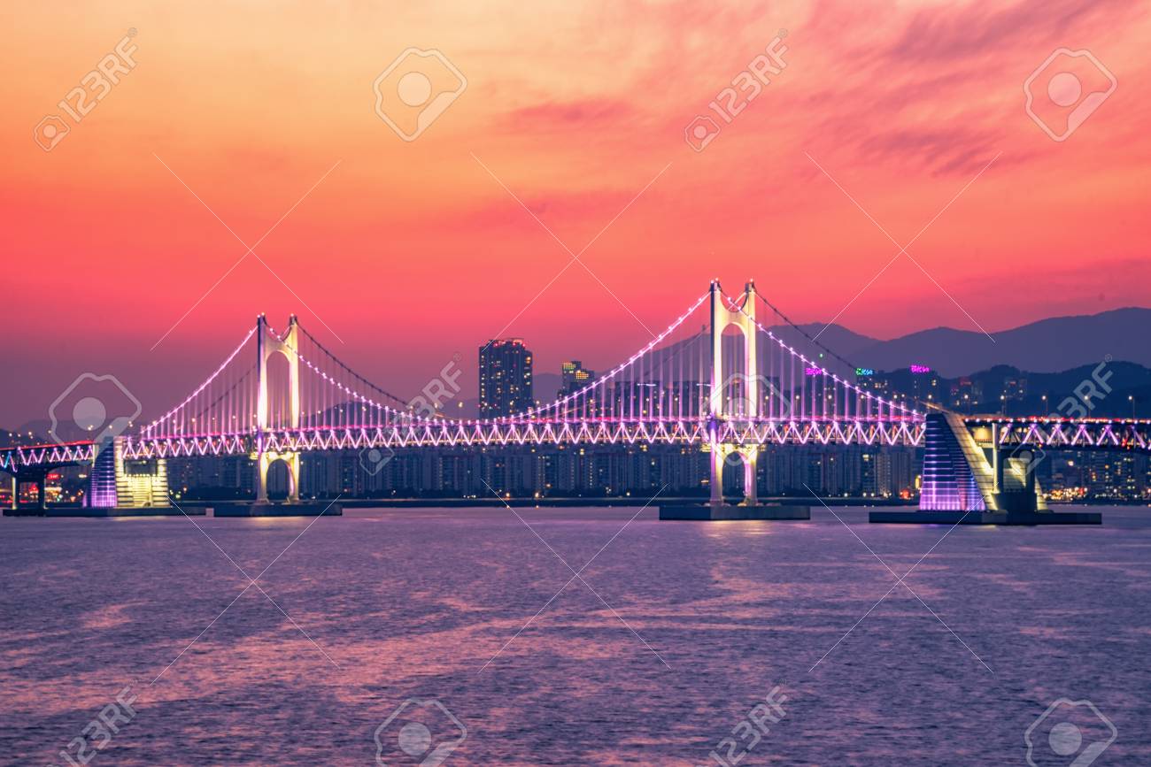 Busan Citybusan Haeundae Beach And Gwangan Bridge At Nightsouth