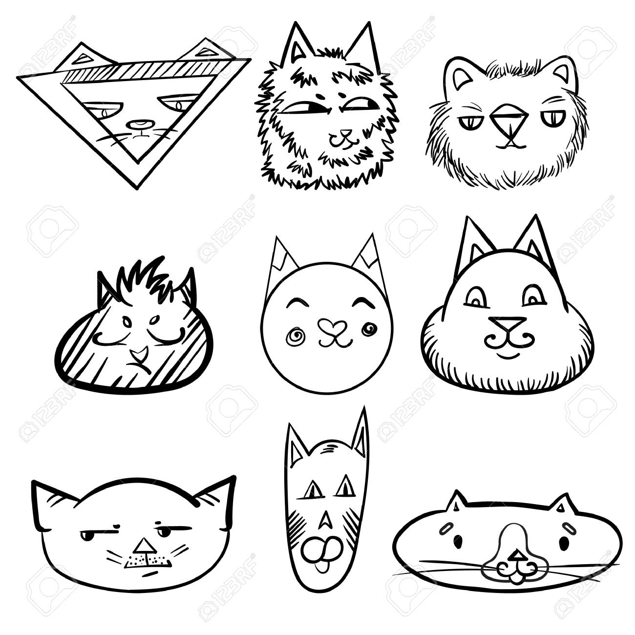白い背景に猫の面白い顔の落書き黒リニアベクトルイラストのイラスト素材 ベクタ Image