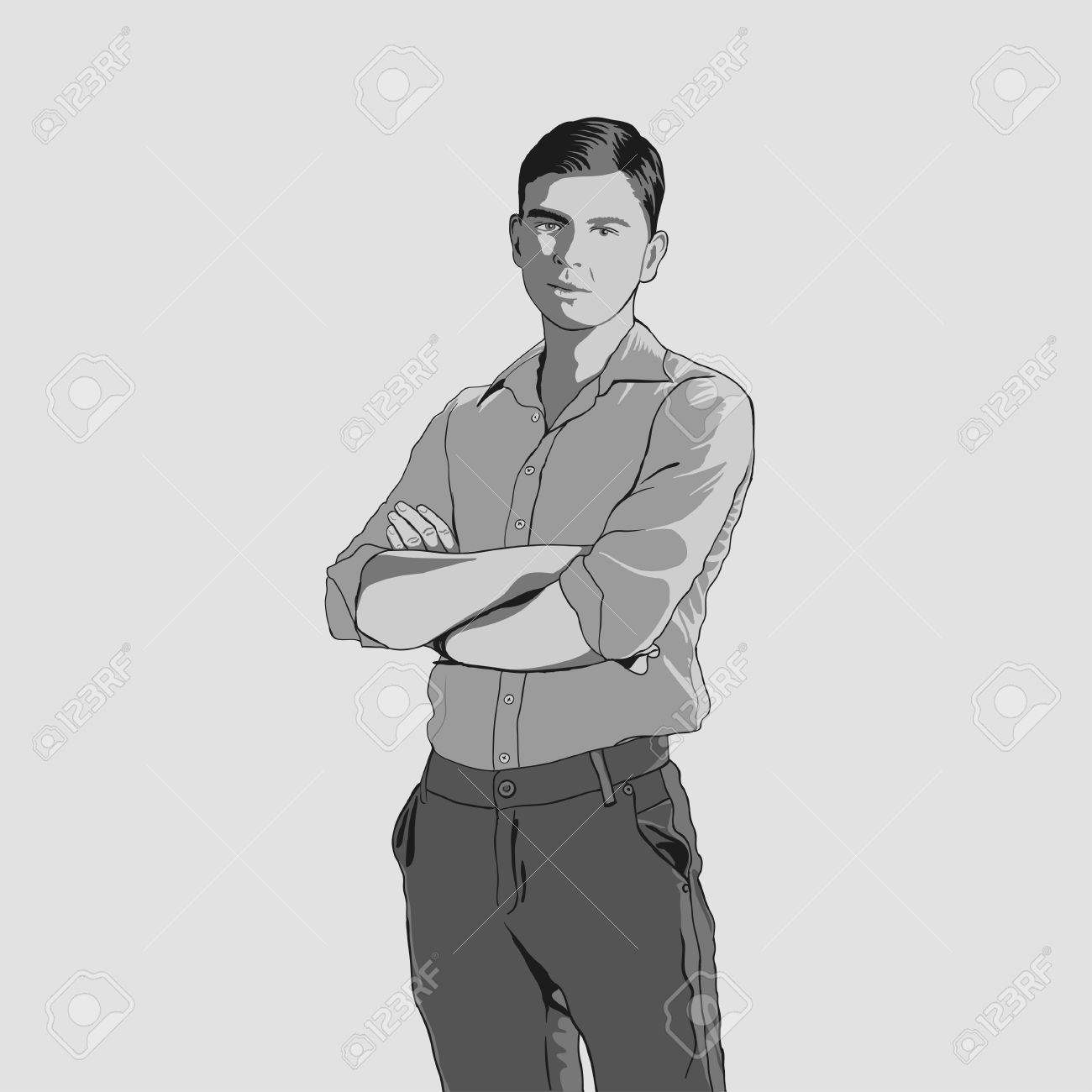 シャツとズボンでハンサムな若い成人男性 手描きの黒ライン アートとイラスト 組んだ腕を持つ男 のイラスト素材 ベクタ Image