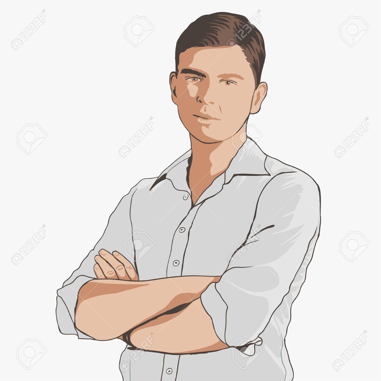 シャツとズボンでハンサムな若い成人男性 手描きの黒ライン アートとイラスト 組んだ腕を持つ男 のイラスト素材 ベクタ Image