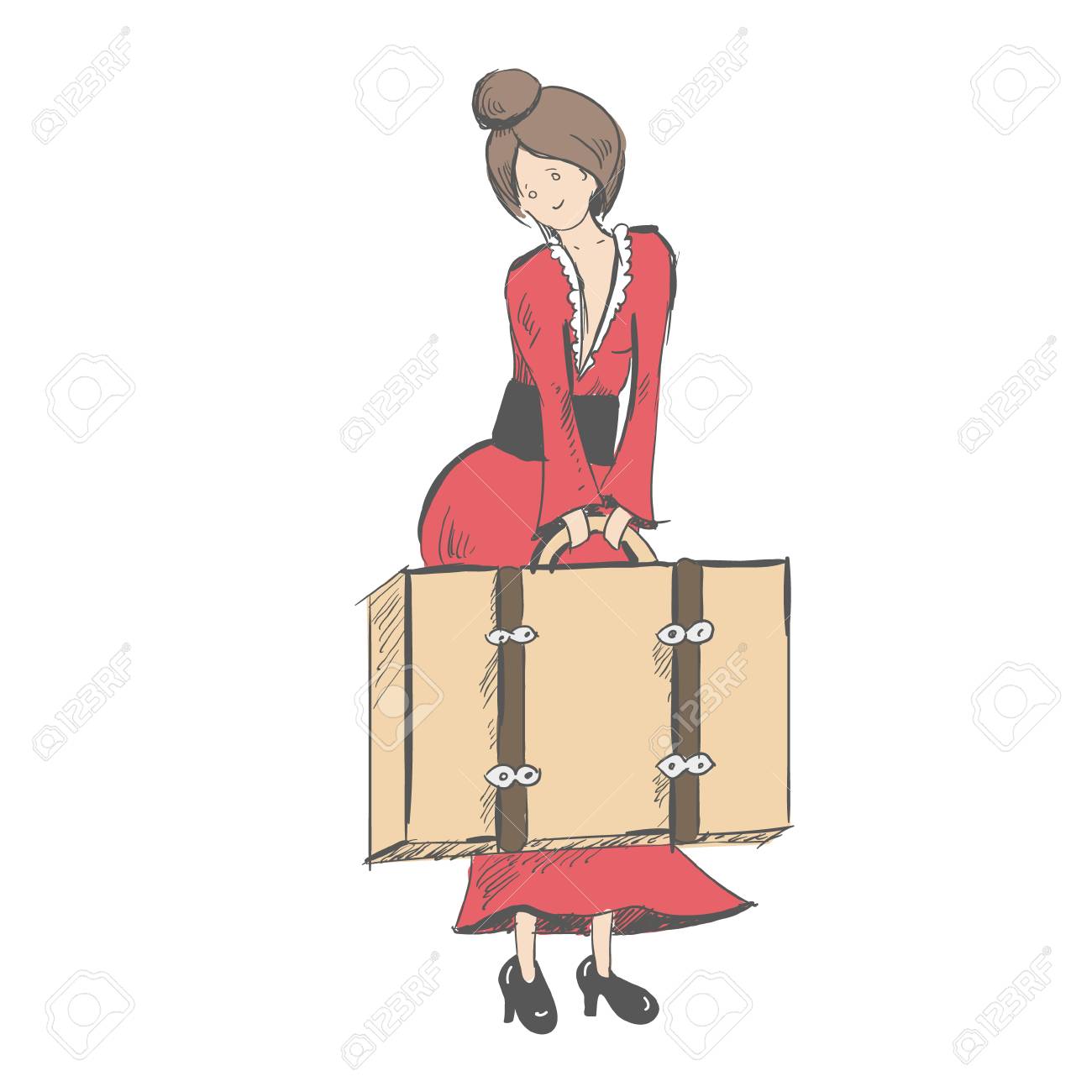 控えめな女の子は 彼女の前でスーツケースを保持しています のイラスト素材 ベクタ Image 8662