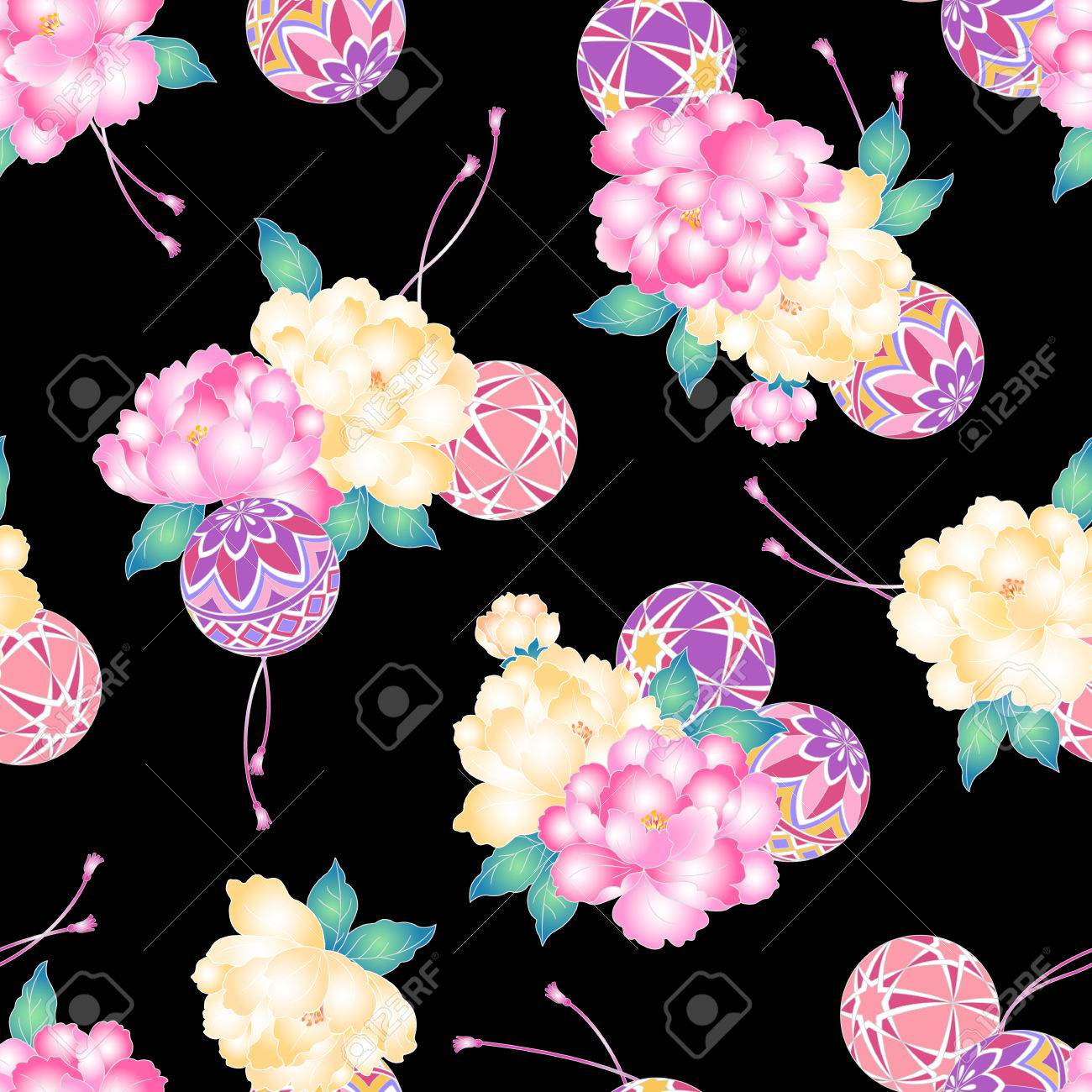 和風牡丹柄のイラスト素材 ベクタ Image