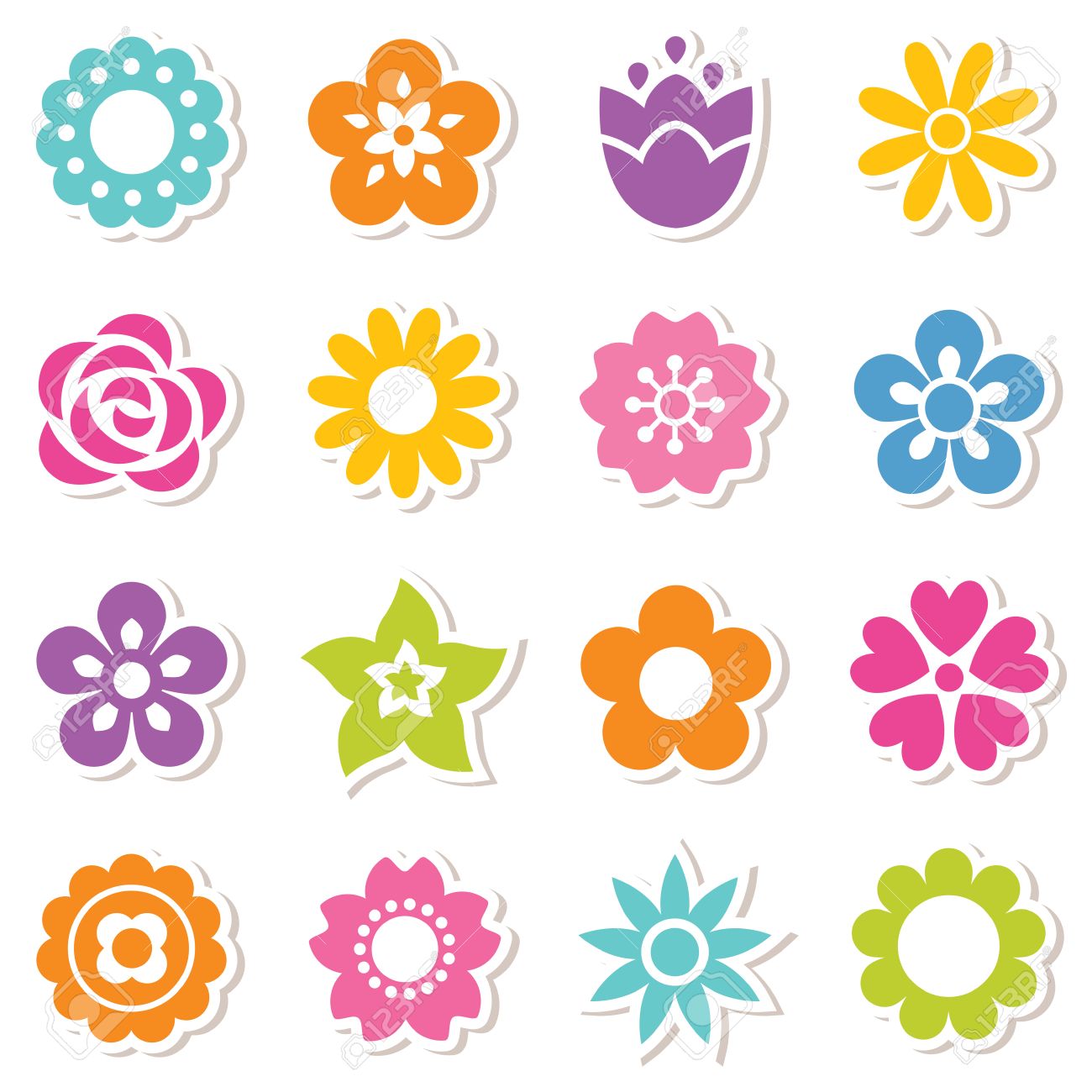 abbastanza Set Di Icone Piatta Adesivi Di Fiori In Colori Vivaci Disegni IF43