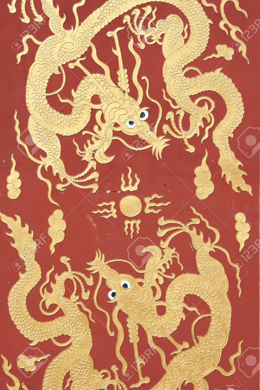 中国人物像 龍模様 木製フレーム