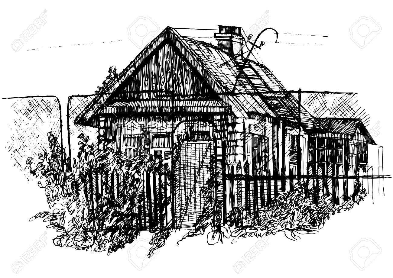 住宅村 田園風景 手描きイラスト スケッチ のイラスト素材 ベクタ Image