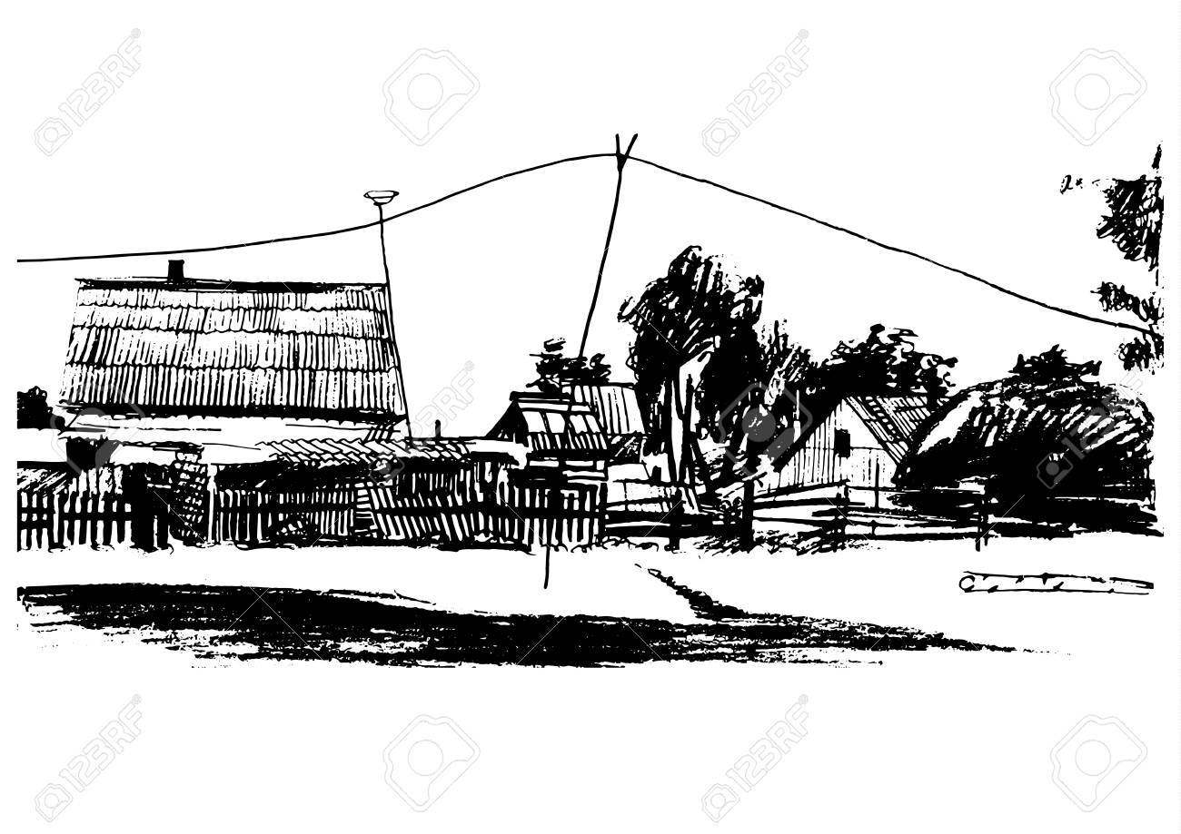 住宅村 田園風景 手描きイラスト スケッチ のイラスト素材 ベクタ Image