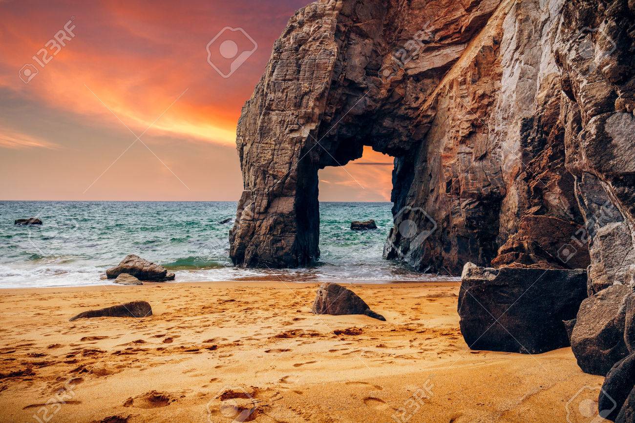 Spectacular natural cliffs and stone arch Arche de Port Blanc and beautiful famous coastline, Brittany (Bretagne), France, Europe - 82808786 Spectacular natural cliffs and stone arch Arche de Port Blanc and beautiful famous coastline, Brittany (Bretagne), France, Europe - 82808786