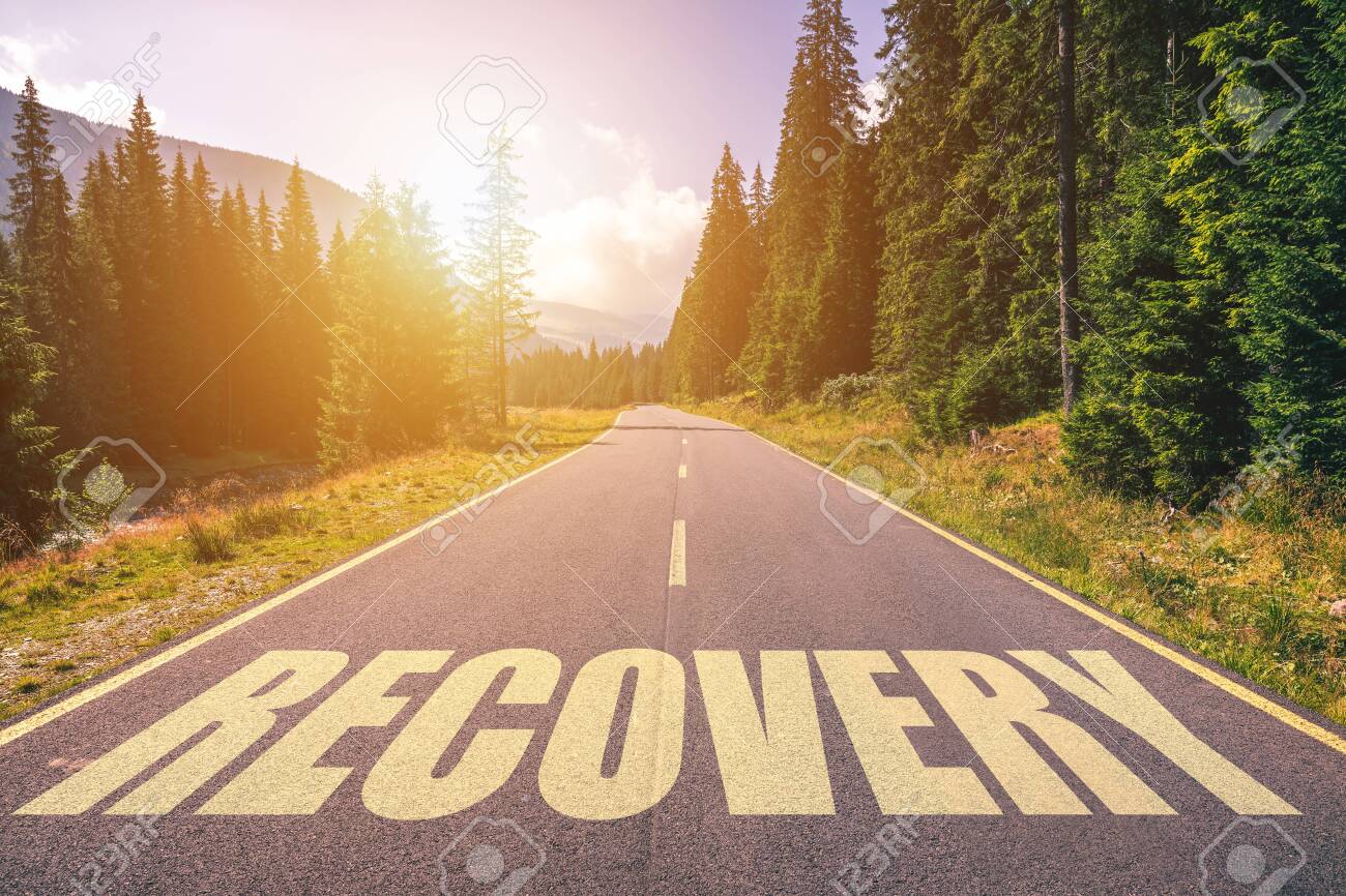 Recovery word written on road in the mountains - 142067594 Recovery word written on road in the mountains - 142067594