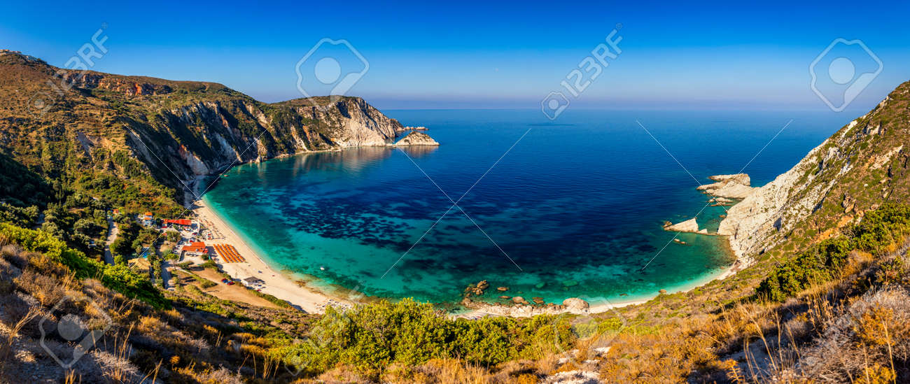 Famous Petani beach in Kefalonia island, Greece. View of Petani bay and beautiful beach, Kefalonia island, Greece - 168255596 Famous Petani beach in Kefalonia island, Greece. View of Petani bay and beautiful beach, Kefalonia island, Greece - 168255596