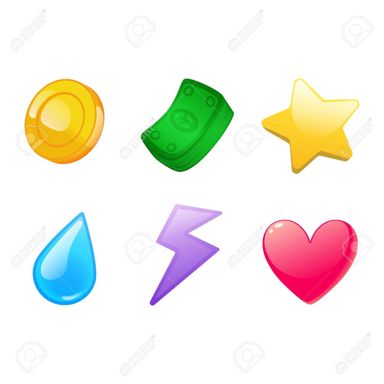 さまざまなアイコン セット: ゴールド コイン、お金、ドロップ、星、ハート、エネルギー雷。モバイルや Web ゲーム、グラフィック  デザインを作成する漫画のベクトル図。アプリケーションは、白い背景で隔離の資産。のイラスト素材・ベクター Image 76186287