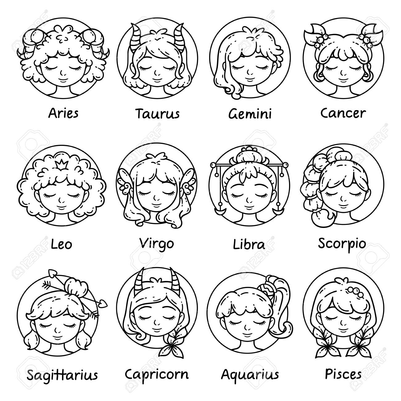 Set Of Horoscope Signs As Women Zodiac For Girls Vector Illustration