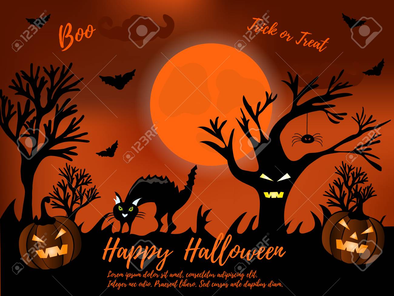 不気味な家 恐怖の木と猫のハロウィーン夜背景 のイラスト素材 ベクタ Image 85479687