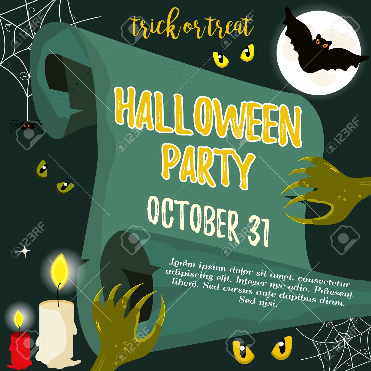 halloween invitation template with scary creatures and bat royalty