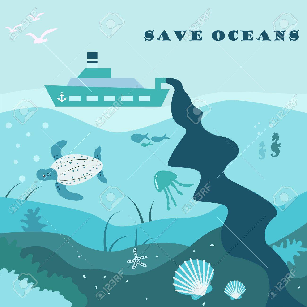 海洋生物と石油船が水を汚すコンセプトエコポスターのイラスト素材 ベクタ Image