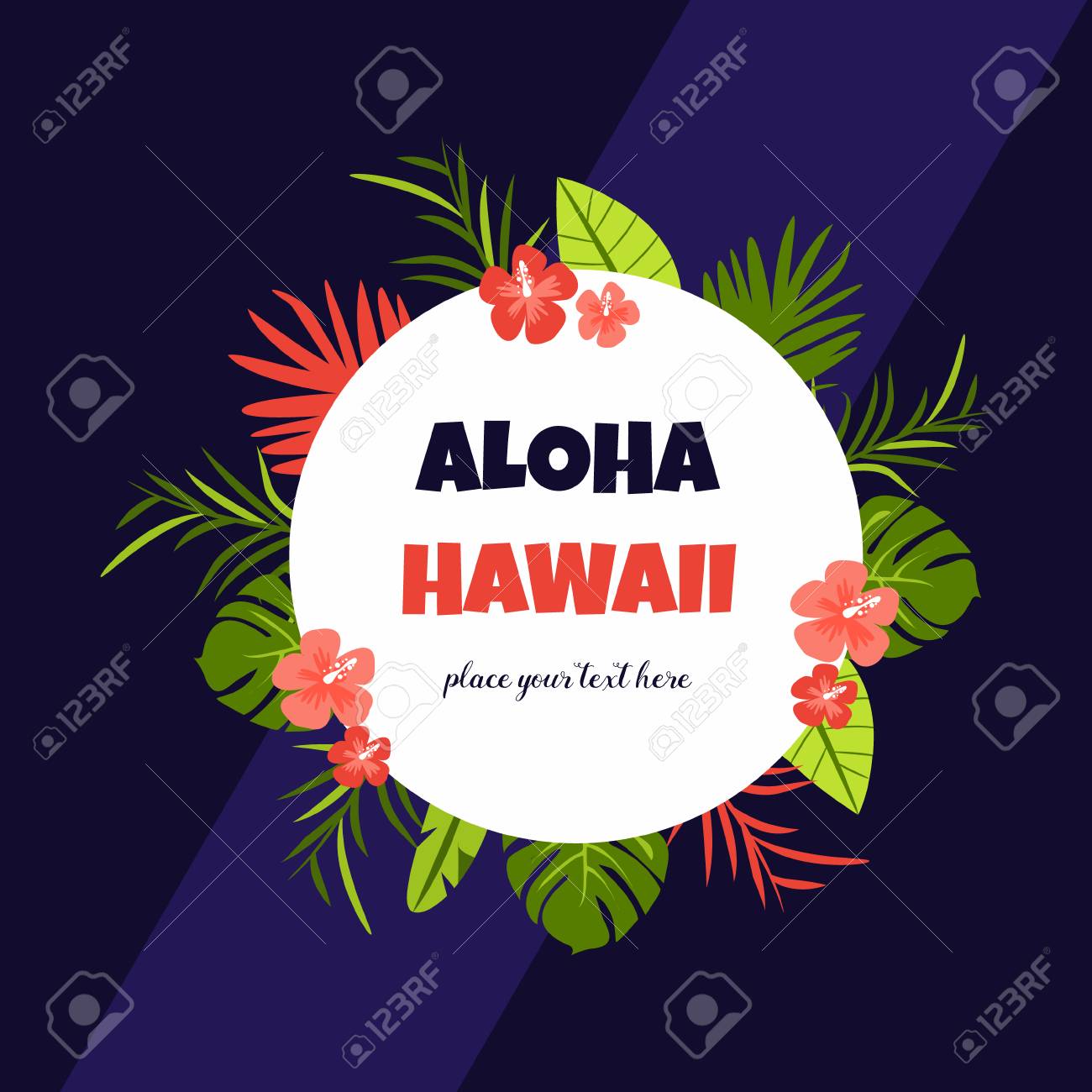 暗い背景にエキゾチックな花とアロハハワイのデザインと明るいカード のイラスト素材 ベクタ Image