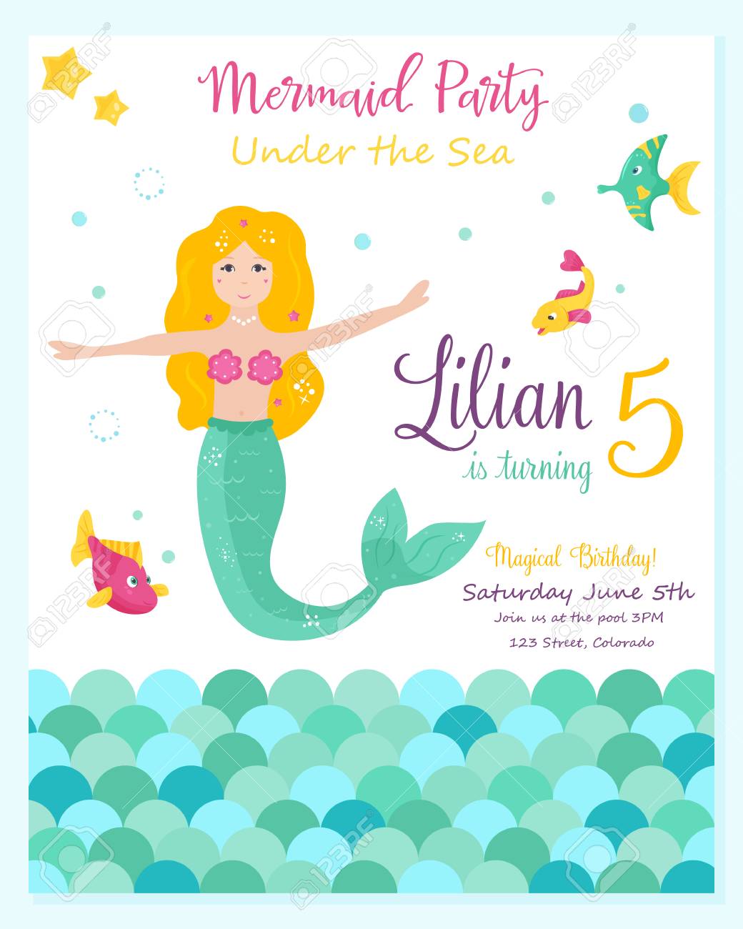 bright invitation card with cute mermaid birthday party card