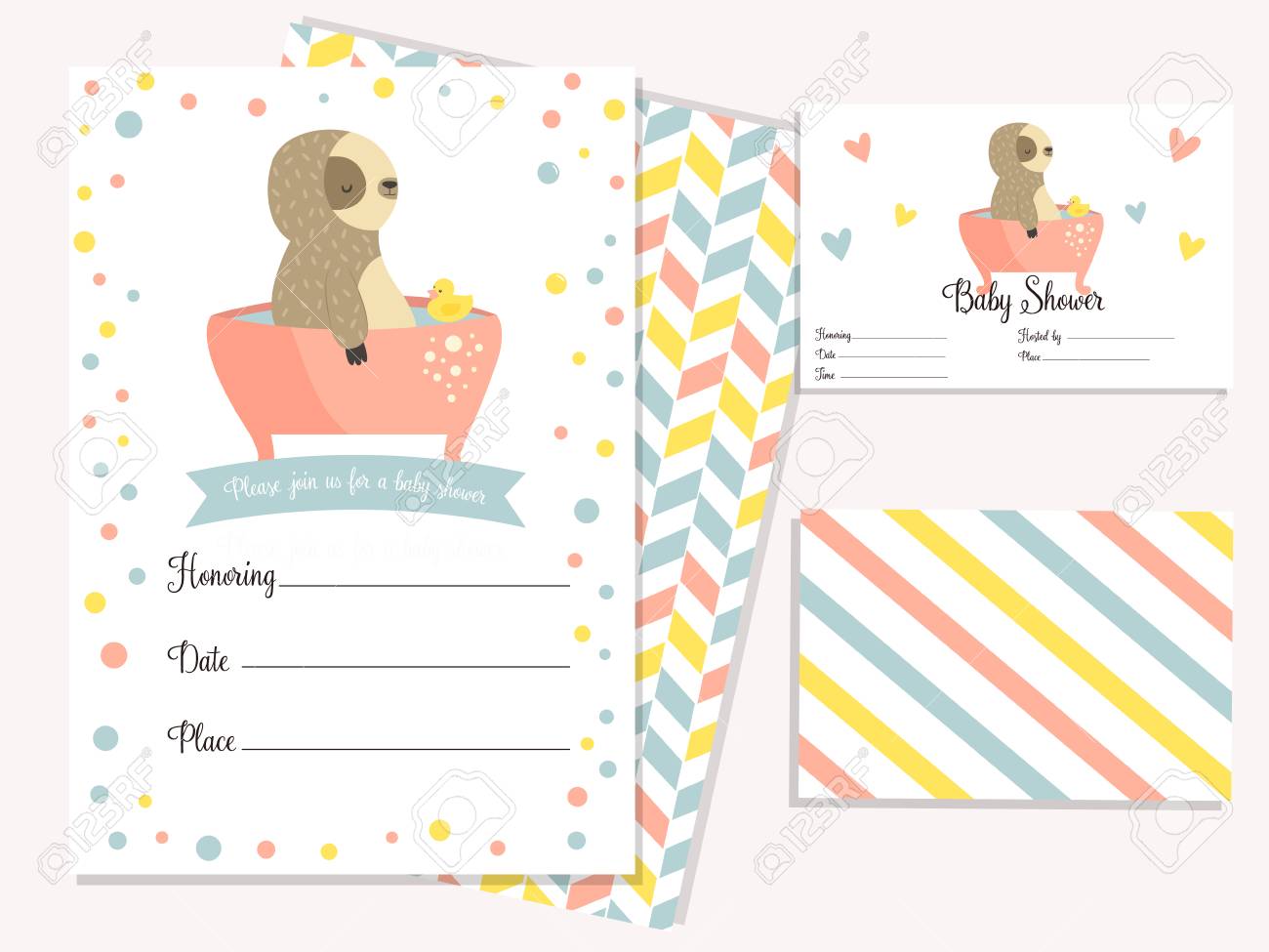 baby shower invitation card with cute sloth in bath template