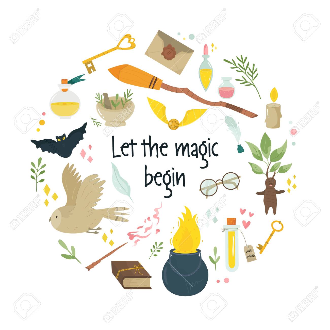 Magic abstract circle design with medieval fairy items, symbols cauldron broom, flask with potions, owls. Vector banner, poster, cover - 133361629 Magic abstract circle design with medieval fairy items, symbols cauldron broom, flask with potions, owls. Vector banner, poster, cover - 133361629