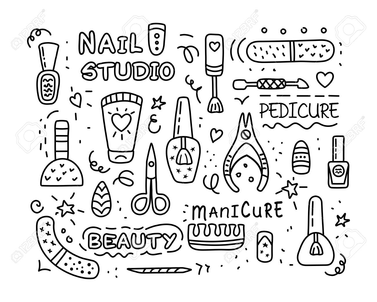 Pedicure And Manicure Vector Icons Set. Nail Studio, Salon. Nail Polish  Symbol, Manicure Accessories. Foot Pedicure Studio. Beauty Signs For Spa.  Vector Illustration. Royalty Free SVG, Cliparts, Vectors, and Stock  Illustration. Image
