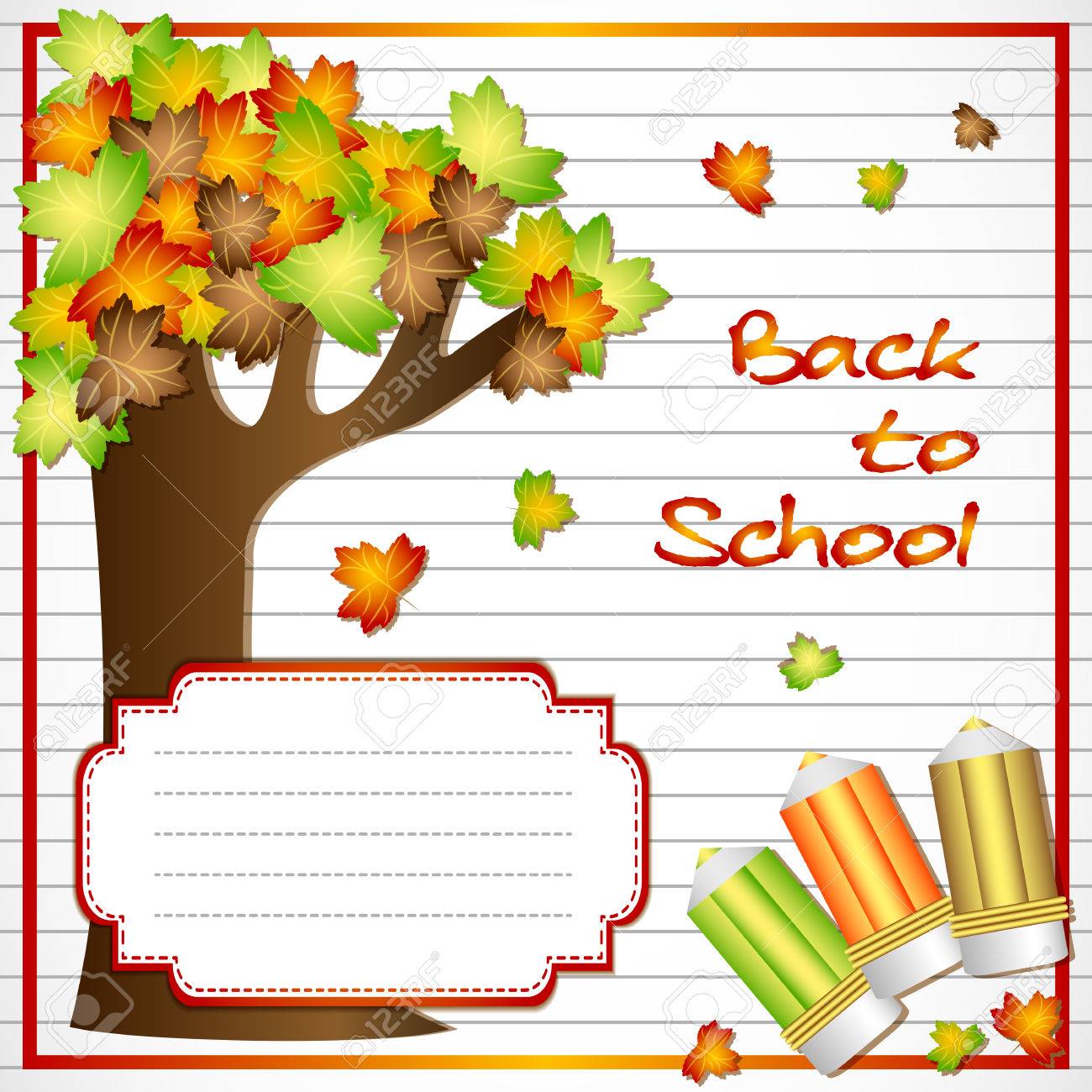 ラインのコピーブックのページのメープル ツリー 鉛筆で学校ノートブック背景 学校に戻るベクトル図 のイラスト素材 ベクタ Image