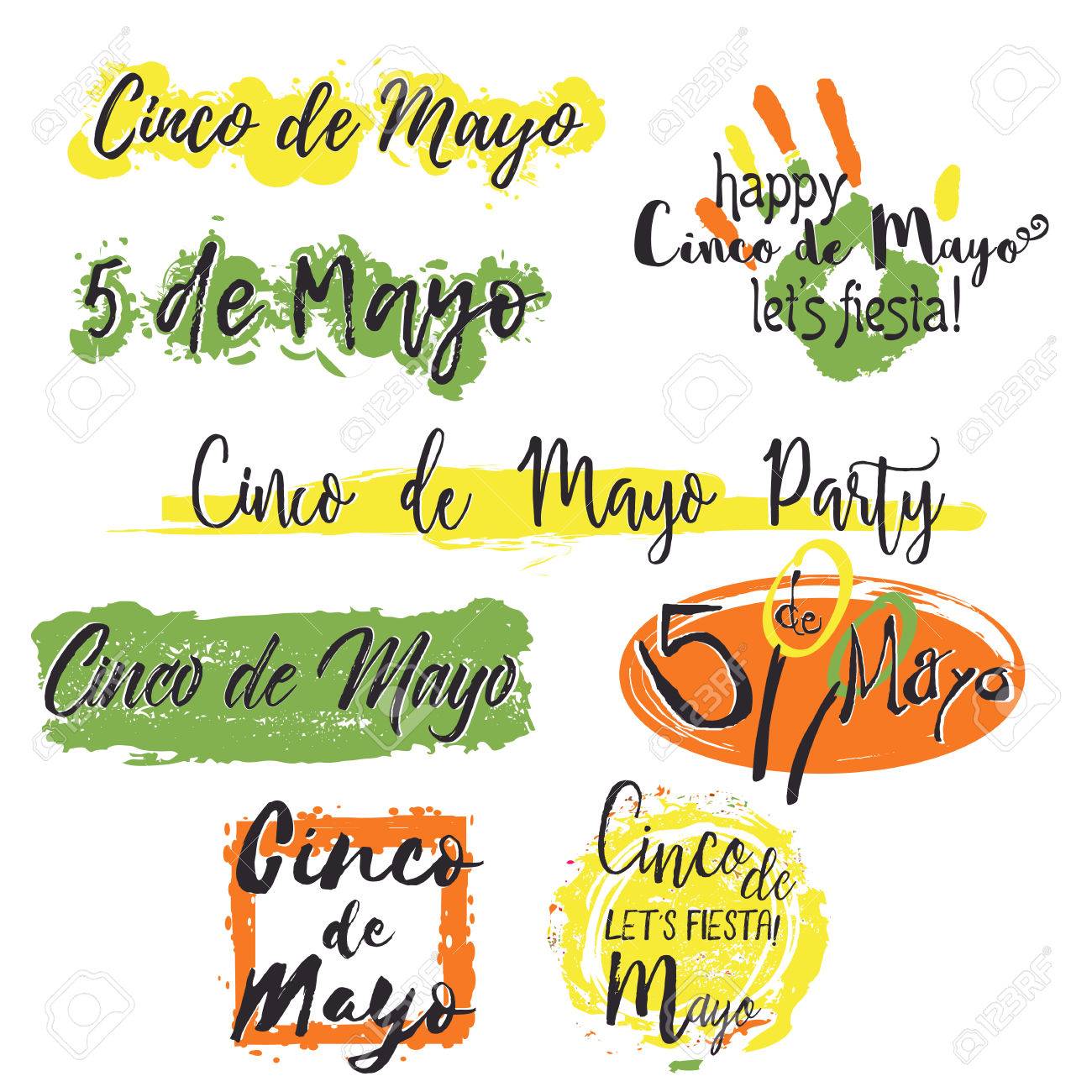 set with different lettering cinco de mayo with colorful splashes