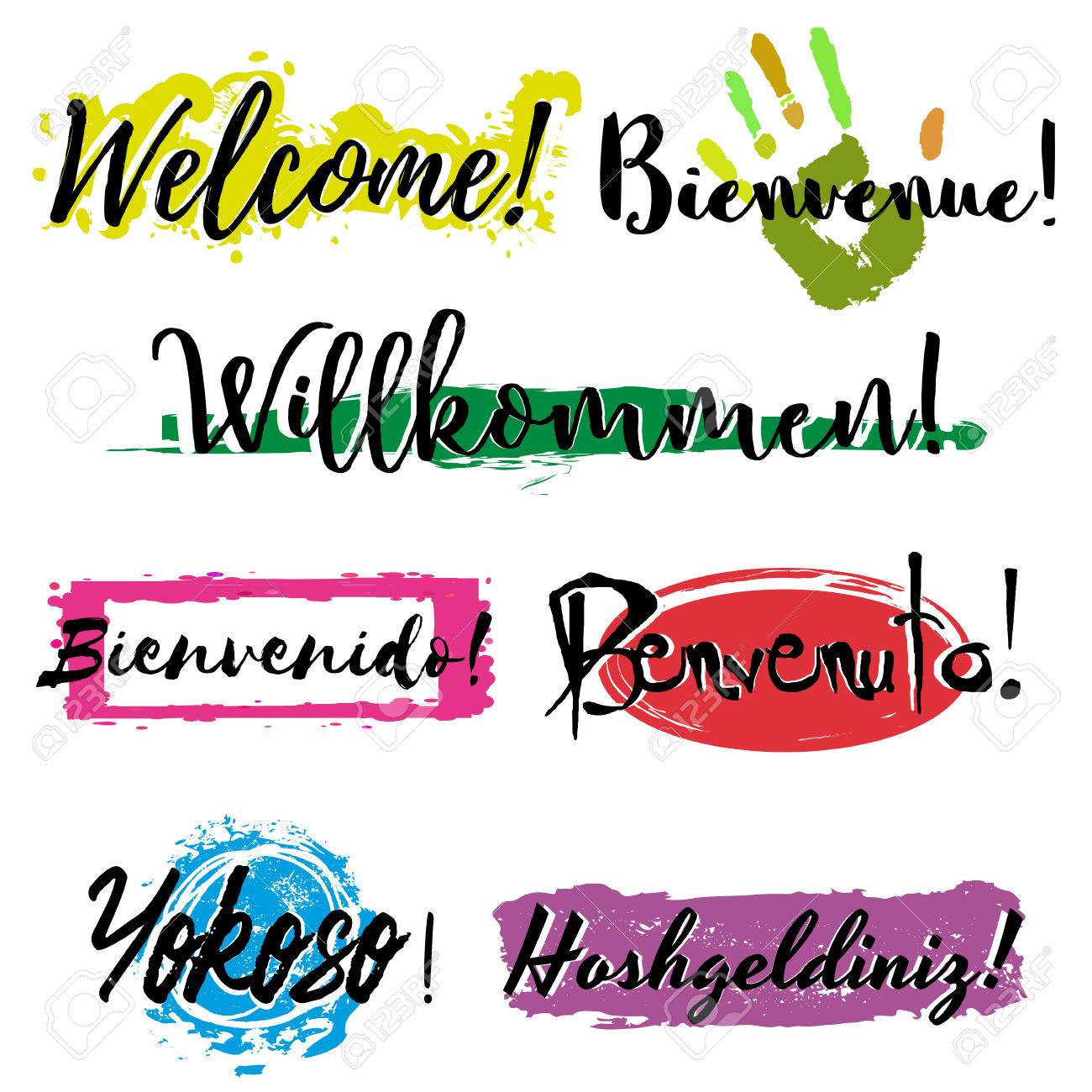 フランス語などさまざまな言語での歓迎の文字に設定すると ドイツ語 スペイン語 イタリア語 日本語 トルコ語 カラフルな水しぶきの分離に白い背景をペイントします ベクトル図のイラスト素材 ベクタ Image