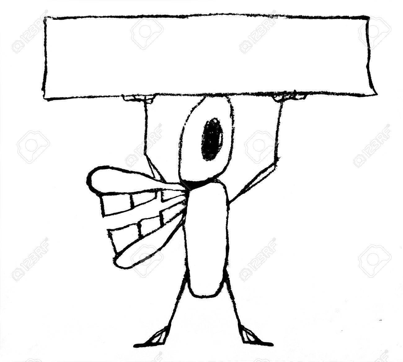 Pencil Drawing Funny Monster Cartoon With An Empty Banner In